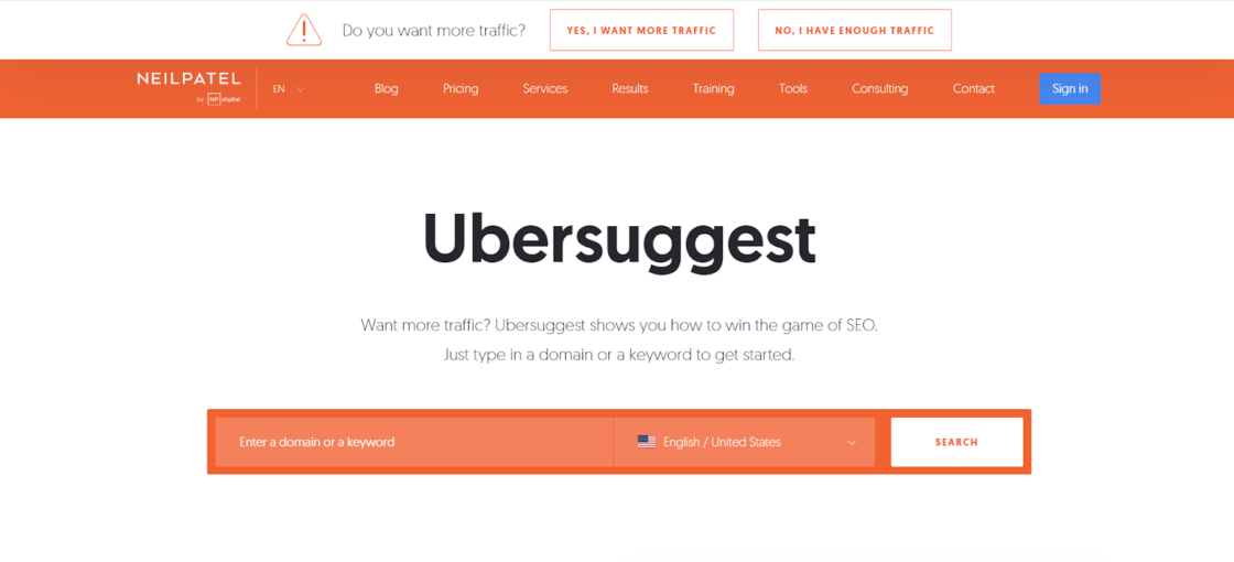 Ubersuggest home page